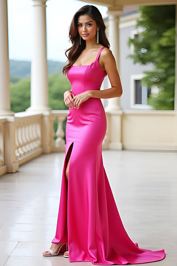 Robe de bal longue sirène à col carré fuchsia avec fente